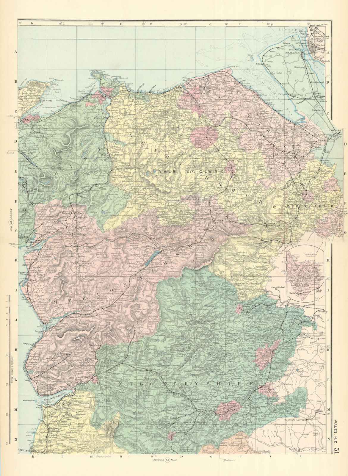 WALES (North East) Flint Denbigh Merionethshire Clywd GW BACON 1891 old map