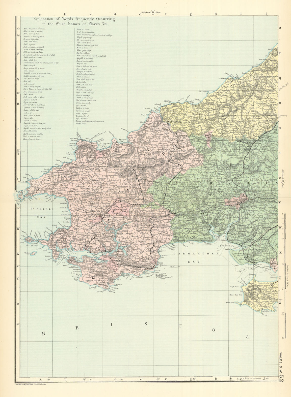 WALES (South West) Pembrokeshire Camarthenshire Dyfed GW BACON 1891 old map