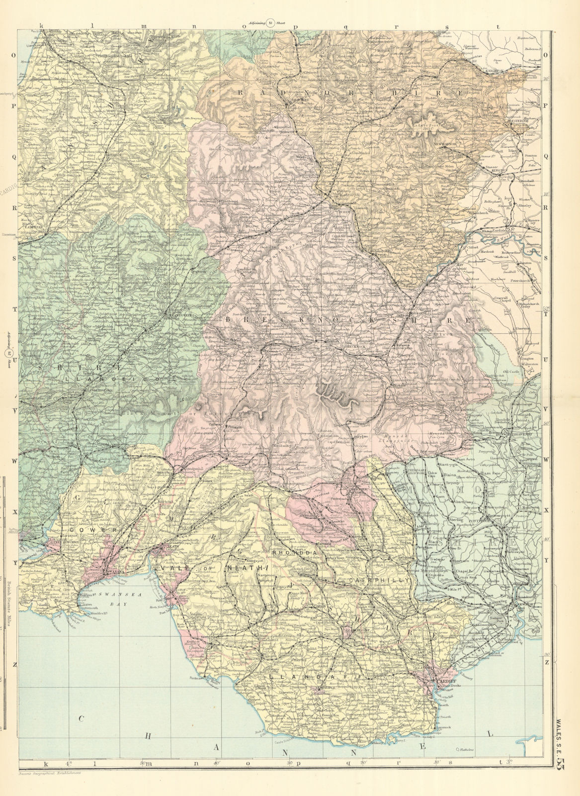WALES (South East) Glamorgan Brecknock Radnorshire Powys GW BACON 1891 old map