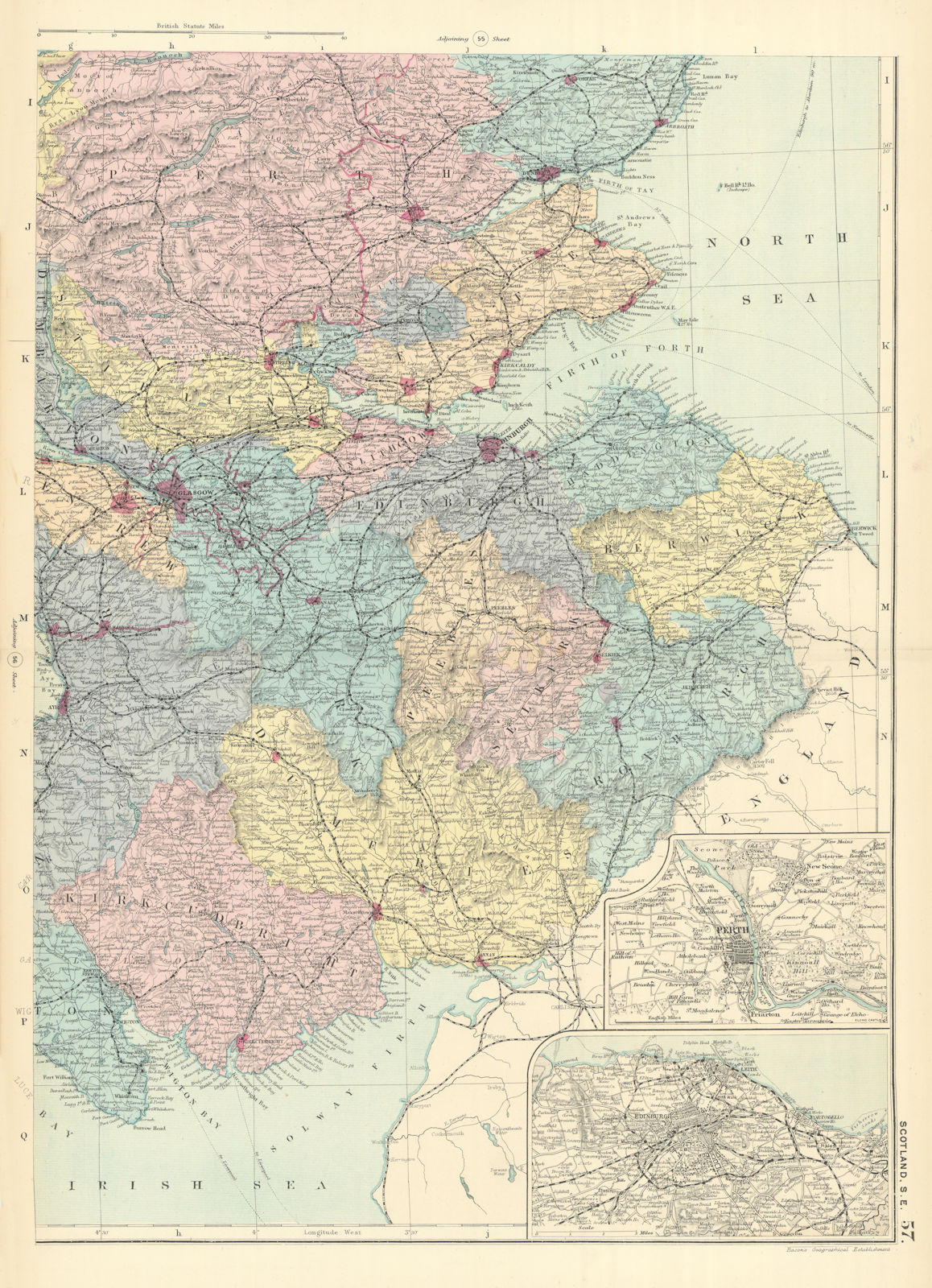 SCOTLAND (South East) Edinburgh Glasgow Perth Fife GW BACON 1891 old map