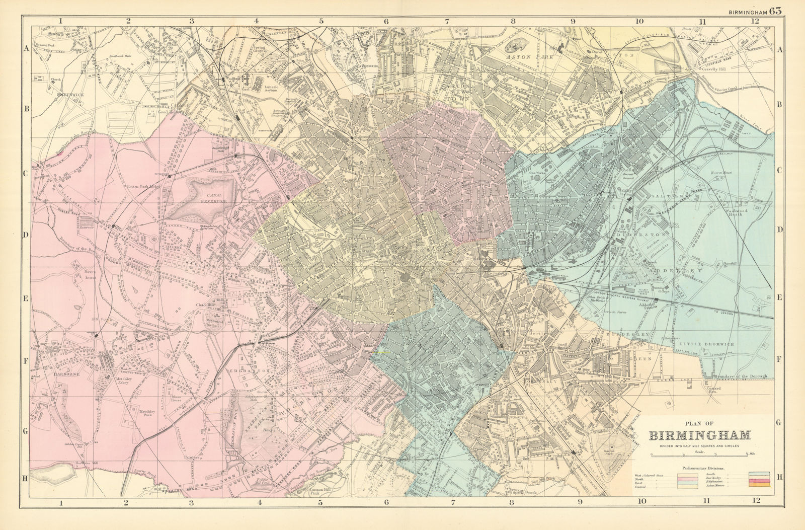 BIRMINGHAM Aston Edgbaston Bordesley town city plan GW BACON 1891 old map