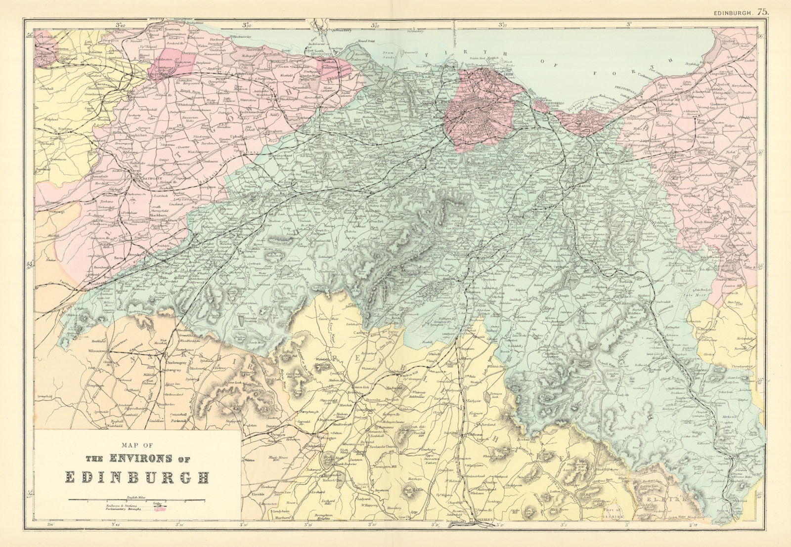 EDINBURGH & ENVIRONS West Lothian Midlothian antique map by GW BACON 1891