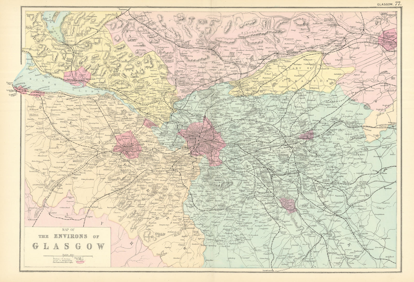 Associate Product GLASGOW & ENVIRONS Lanark Renfrew Dumbarton Stirling antique map. GW BACON 1891