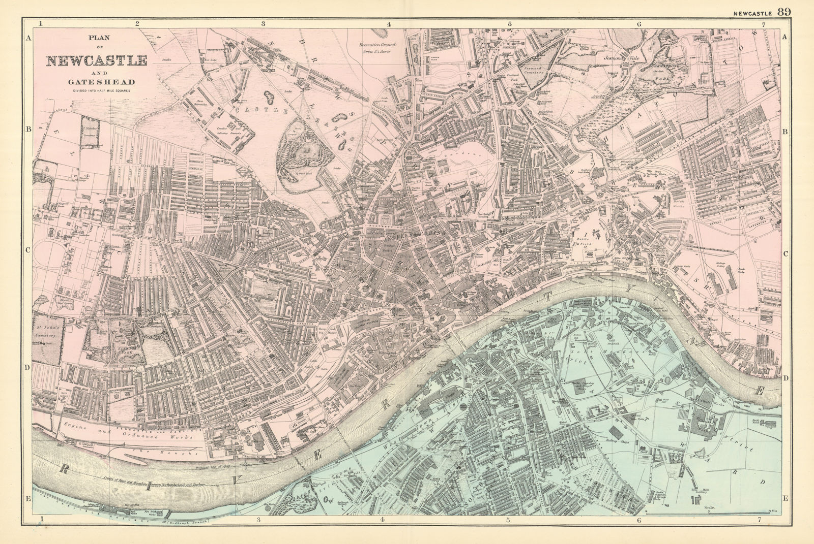 NEWCASTLE-UPON-TYNE & Gateshead town city plan GW BACON 1891 old antique map