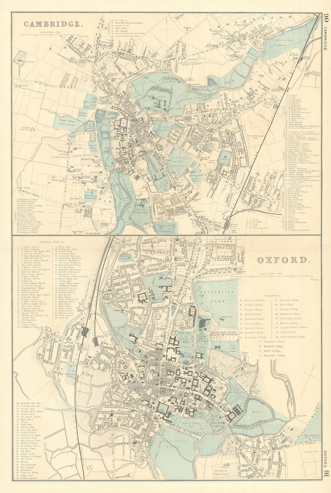 CAMBRIDGE & OXFORD antique town city plans University Colleges. BACON 1891 map