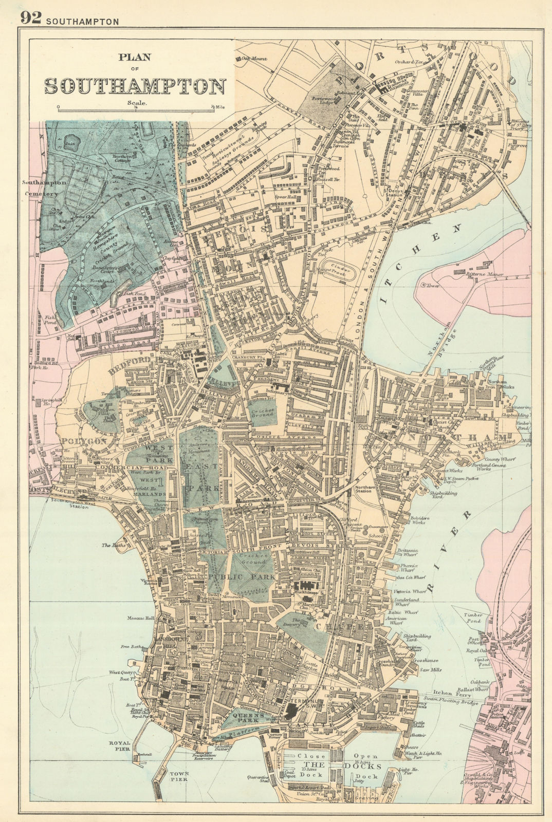 SOUTHAMPTON Bargate Bevois Portswood antique town city plan by GW BACON 1891 map