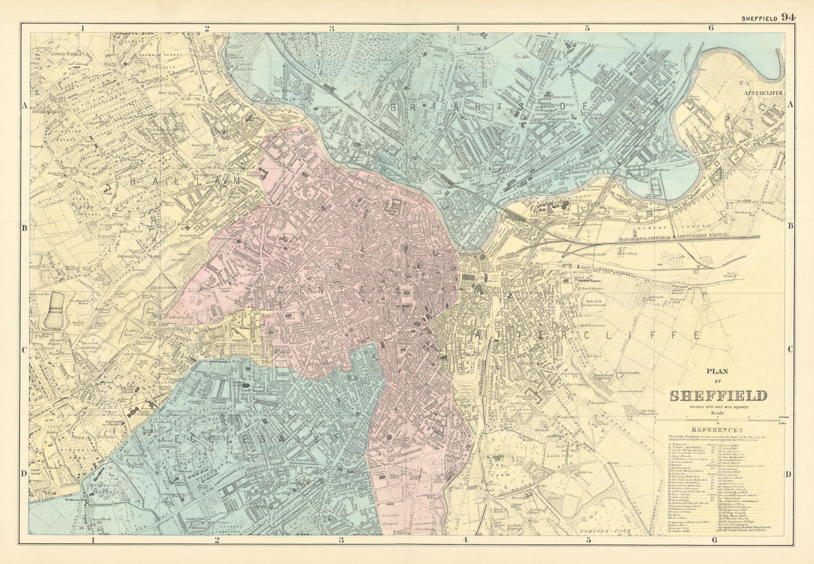 SHEFFIELD town city plan Attercliffe Ecclesall Brightside Hallam. BACON 1891 map