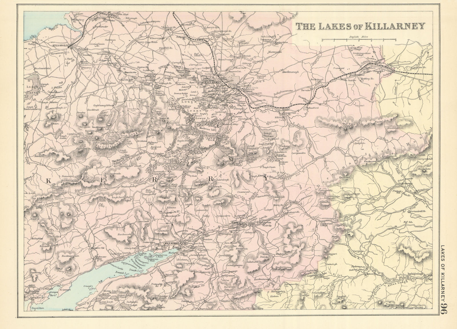 KILLARNEY LAKES Kerry Kenmare Ireland antique map by GW BACON 1891 old