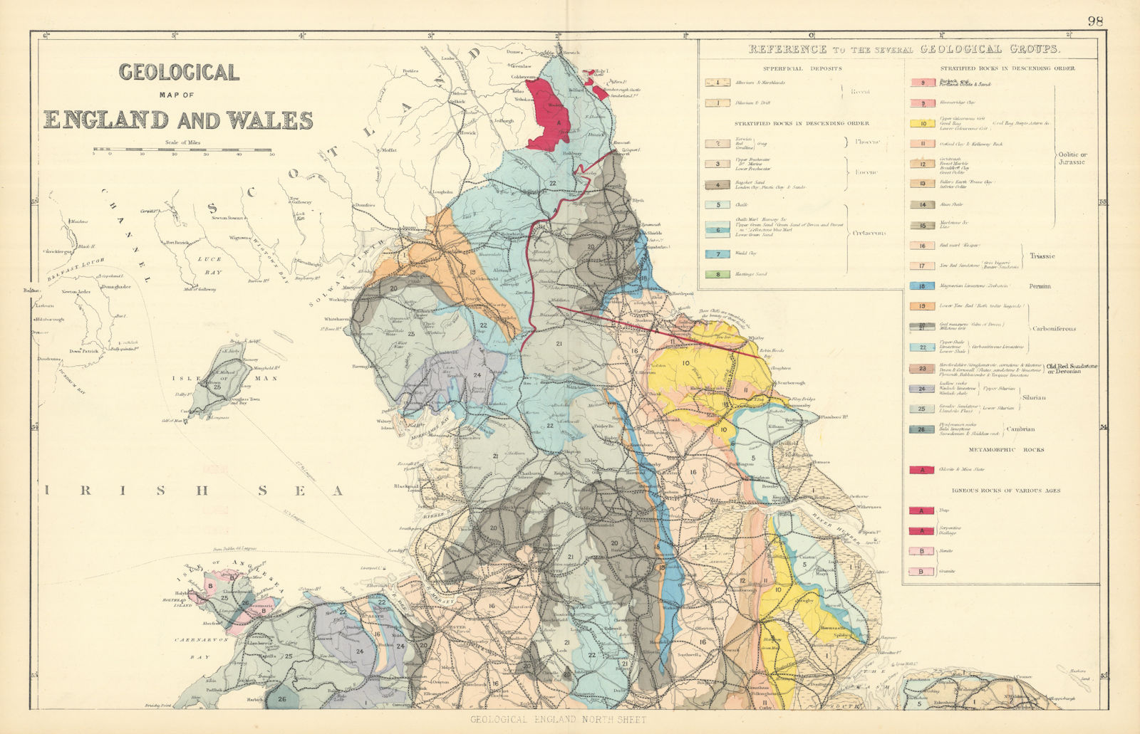 GEOLOGICAL ENGLAND & WALES (North sheet) antique map by GW BACON 1891 old