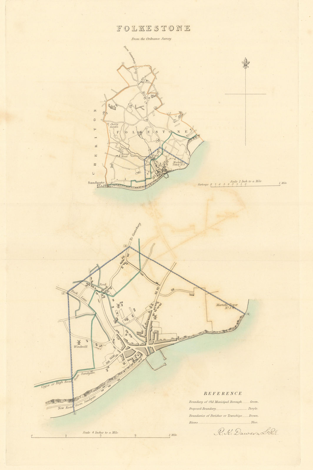 FOLKESTONE borough/town/city plan. BOUNDARY COMMISSION. Kent. DAWSON 1837 map