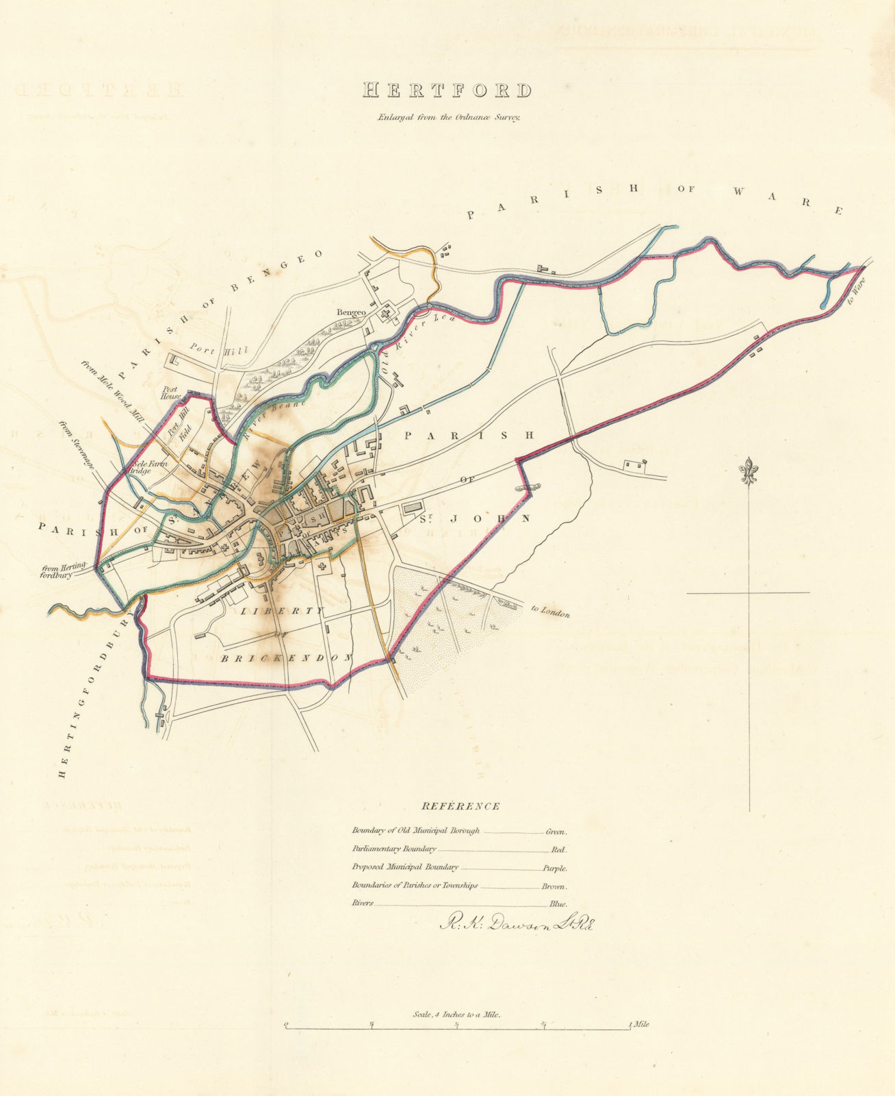 HERTFORD borough/town/city plan. BOUNDARY COMMISSION. DAWSON 1837 old map