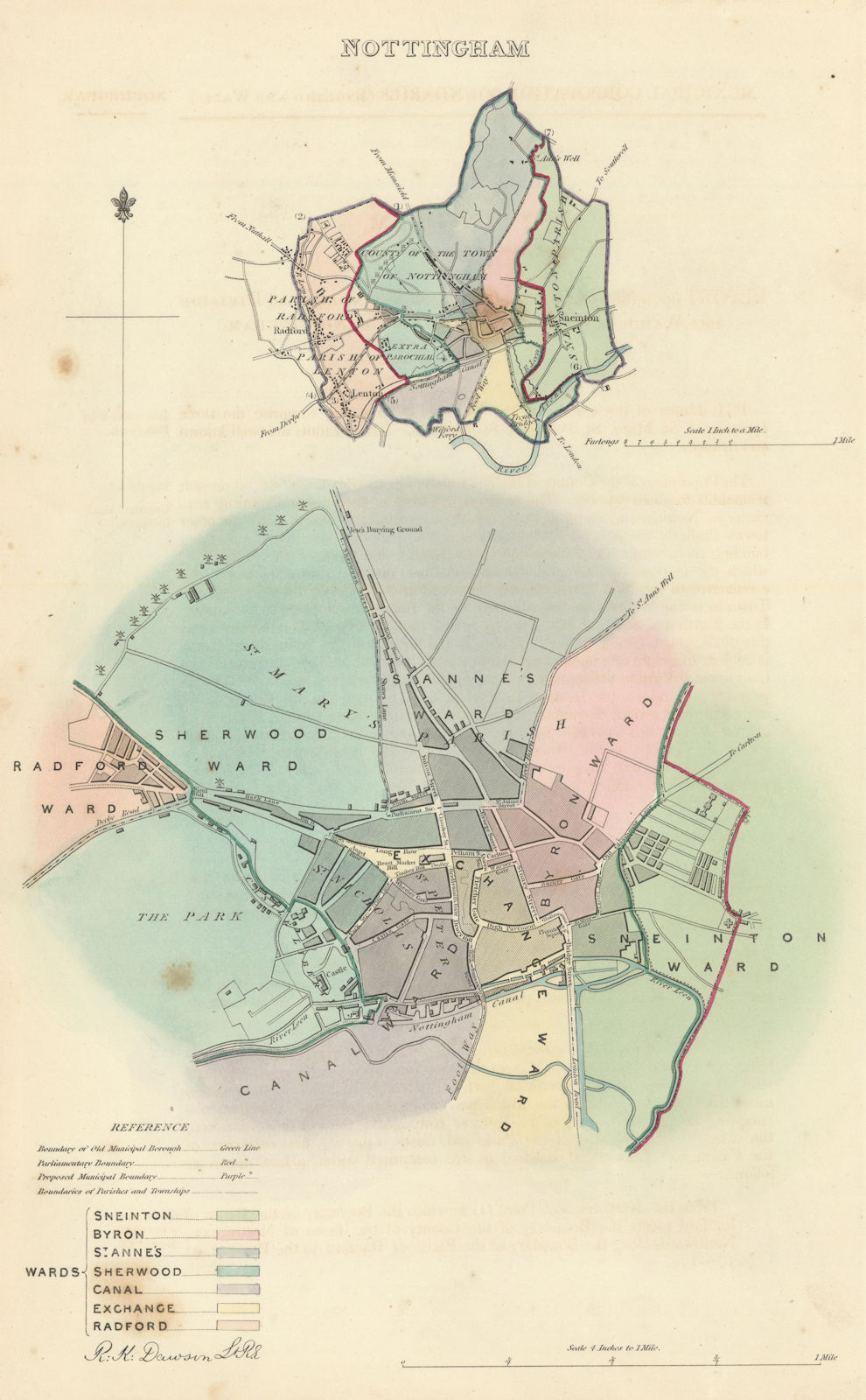 NOTTINGHAM borough/town/city plan. BOUNDARY COMMISSION. DAWSON 1837 old map