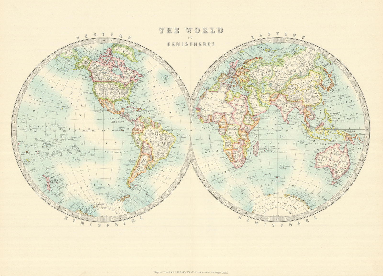 Associate Product WORLD IN TWIN HEMISPHERES. Western & Eastern Hemispheres. JOHNSTON 1913 map