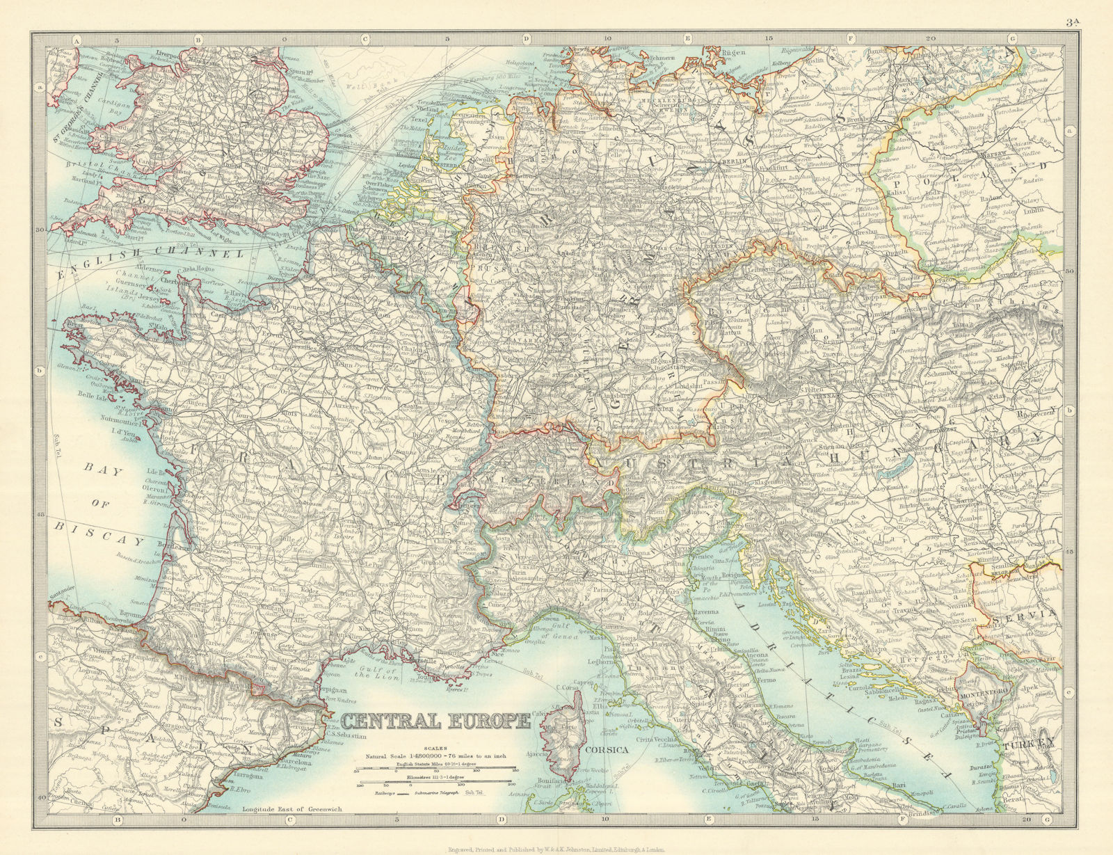 Associate Product CENTRAL EUROPE. France w/o Alsace Lorraine. Austria-Hungary . JOHNSTON 1913 map
