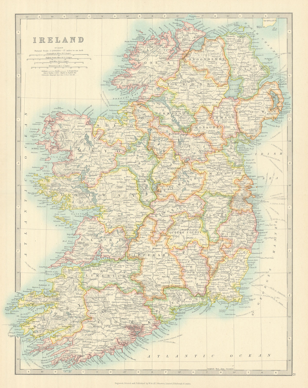 IRELAND showing battlefields and dates. JOHNSTON 1913 old antique map chart