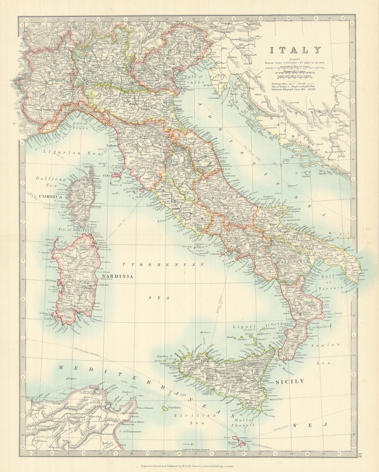 ITALY. Railways. Key battlefields & dates. JOHNSTON 1913 old antique map chart
