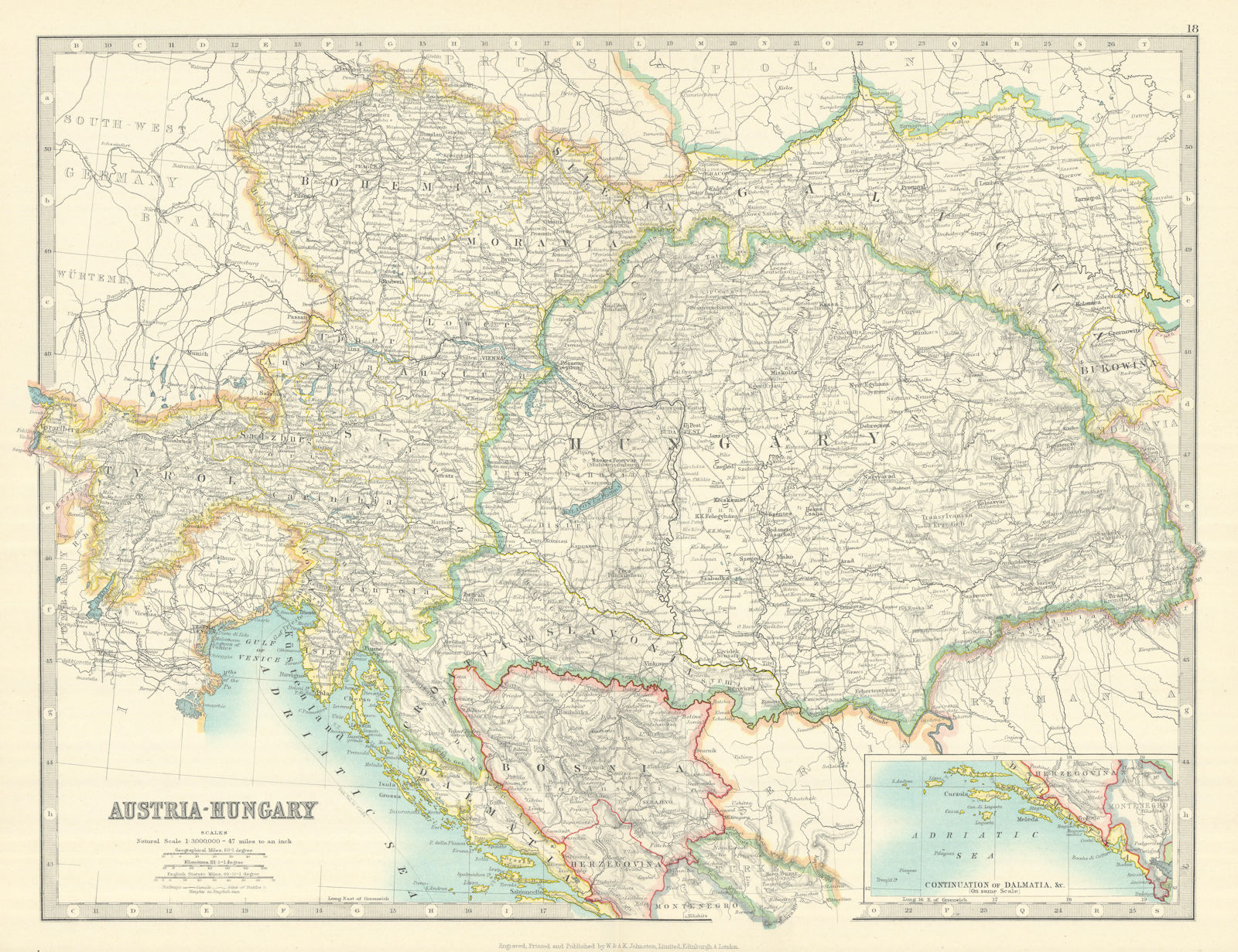 AUSTRIA-HUNGARY. Dalmatian coast. Bosnia. Railways. JOHNSTON 1913 old map