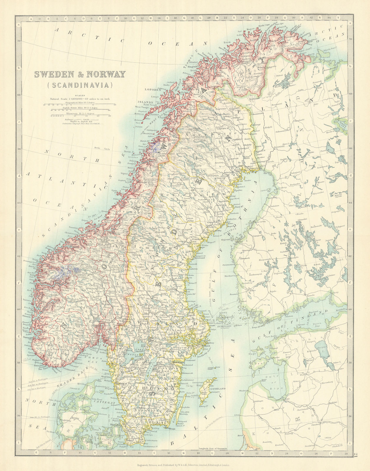 SCANDINAVIA. Sweden & Norway. Shows glaciers. JOHNSTON 1913 old antique map