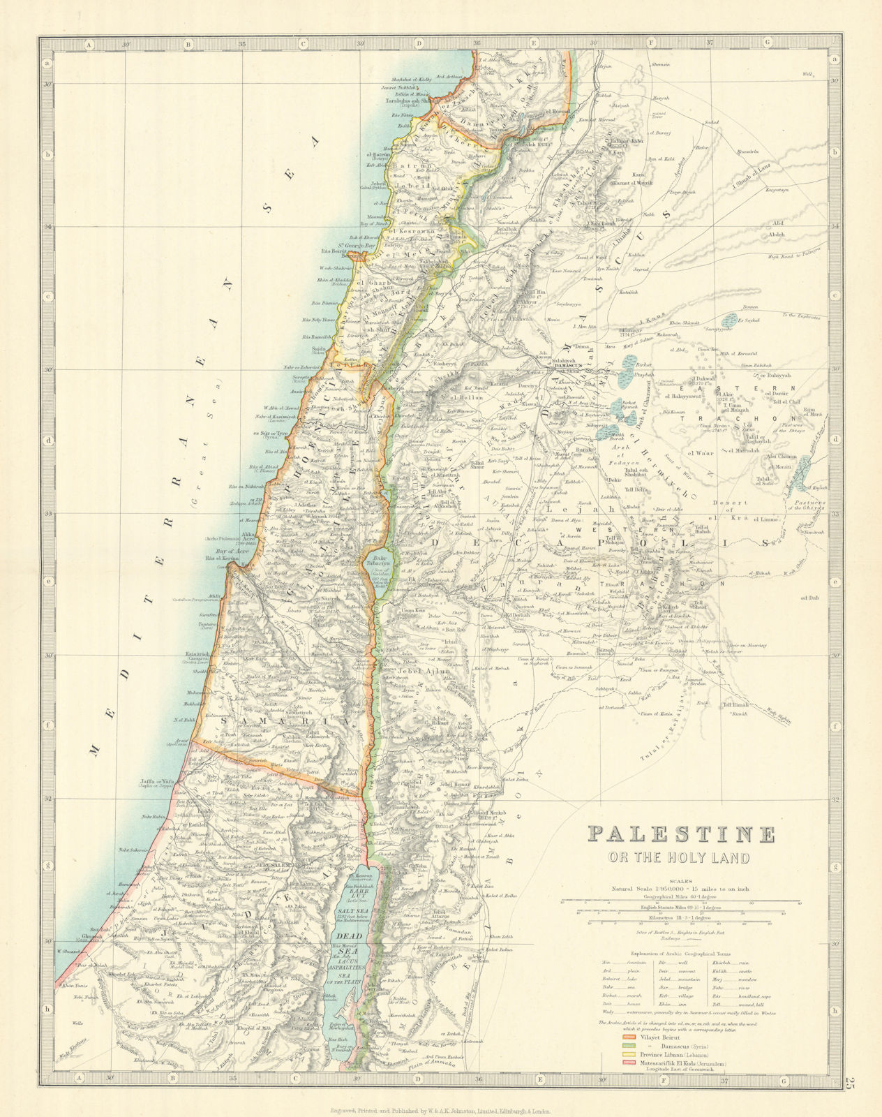 PALESTINE/ HOLY LAND. Turkish Vilayets. Israel Lebanon Jordan. JOHNSTON 1913 map