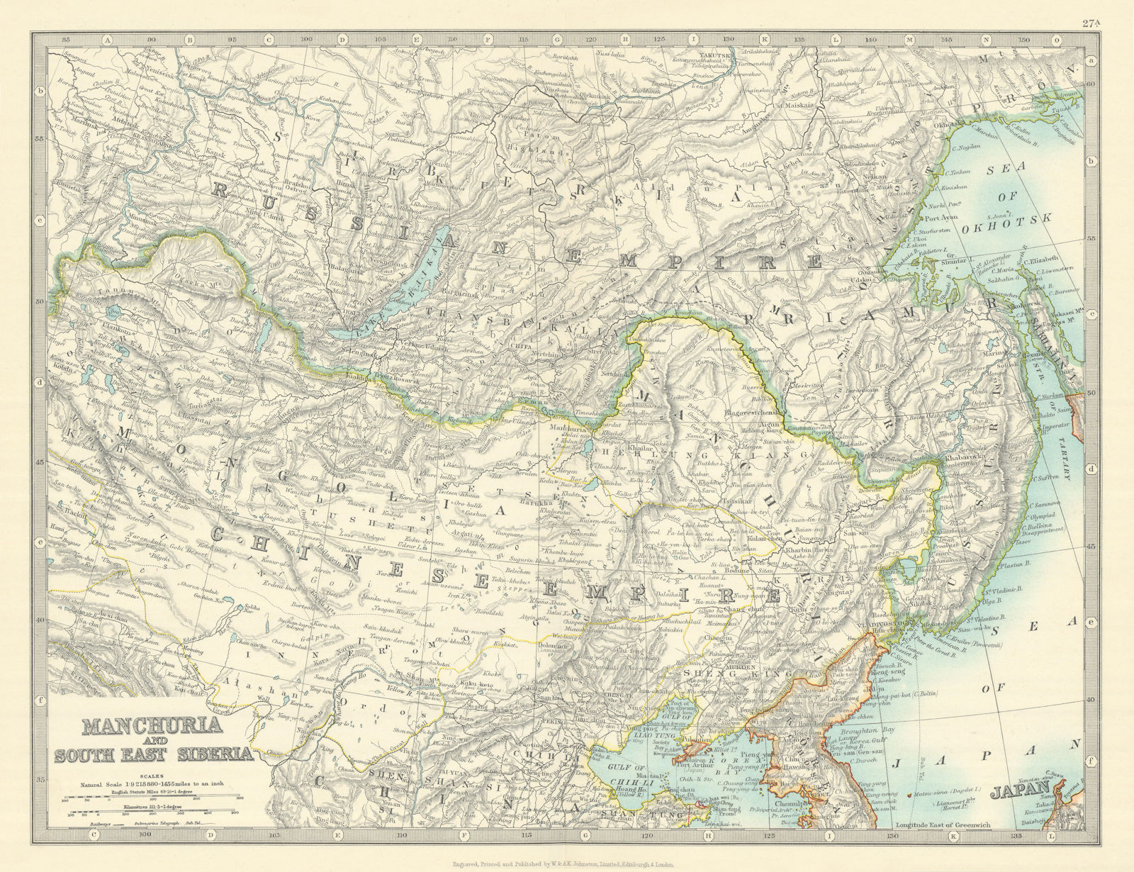 Associate Product MANCHURIA & SOUTH EAST SIBERIA Mongolia China Russia East Asia JOHNSTON 1913 map