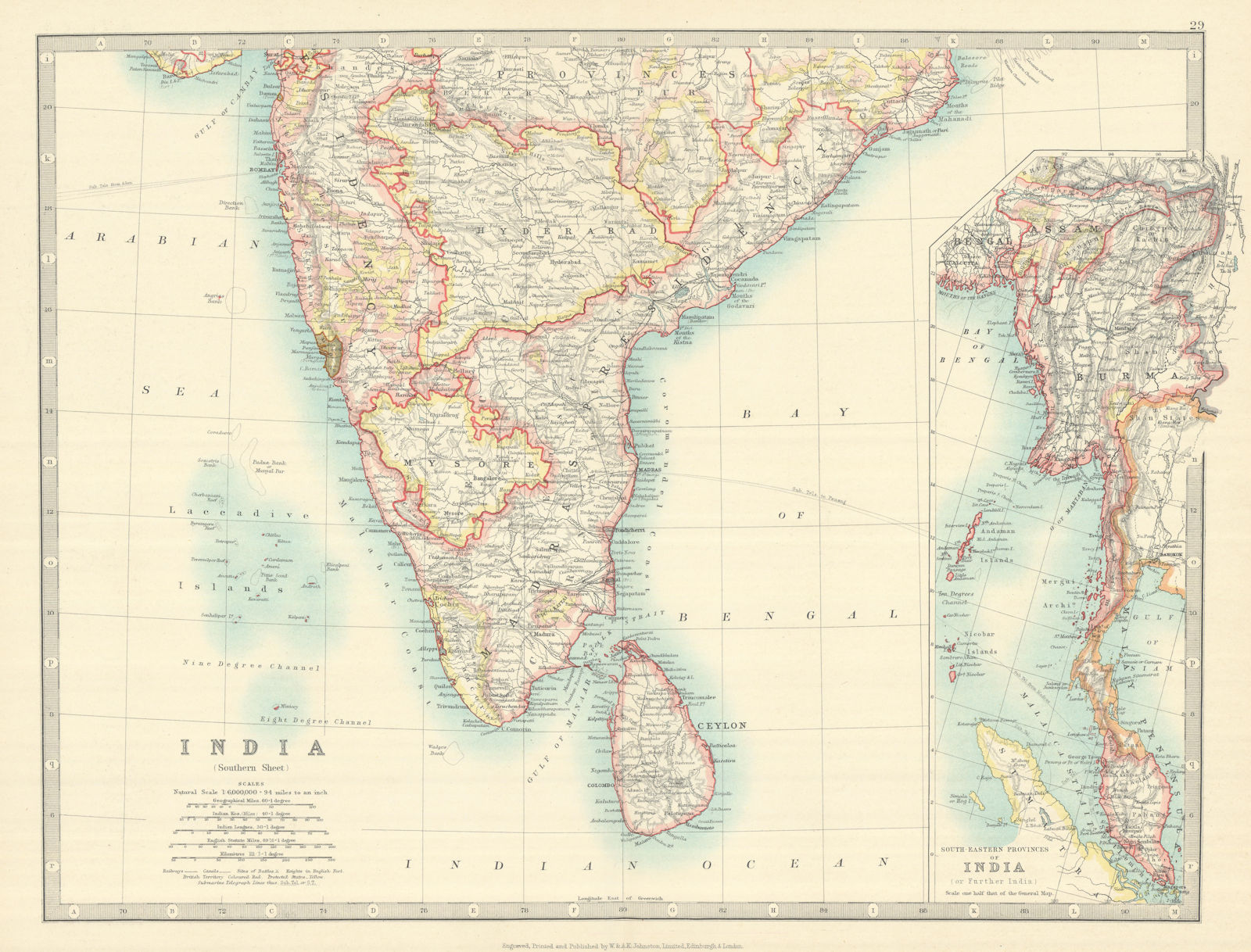 Associate Product SOUTH BRITISH INDIA & BURMA with battlefields & dates. Ceylon. JOHNSTON 1913 map