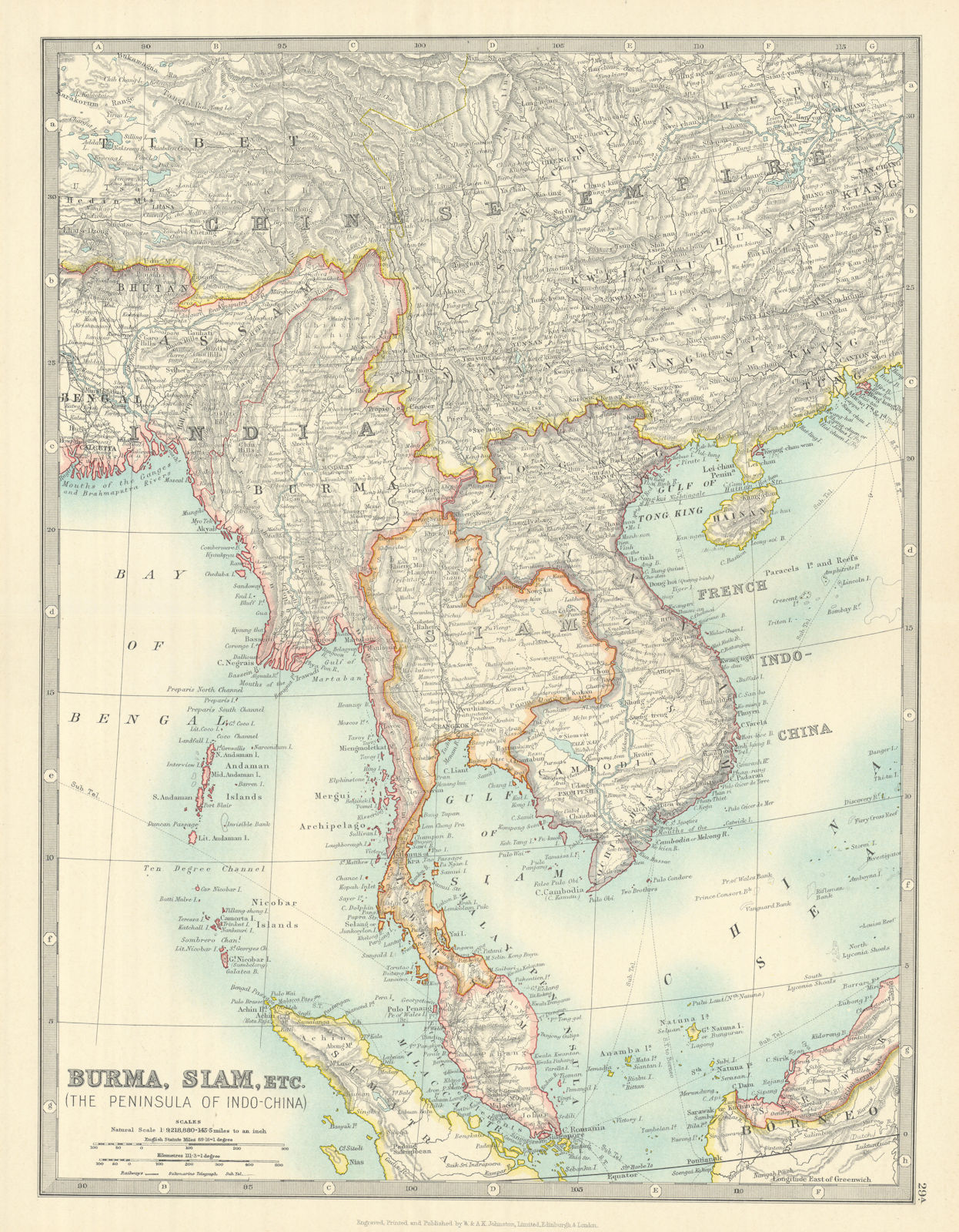 INDOCHINA. Siam Burma Annam Cambodia Tong King Southern China. JOHNSTON 1913 map