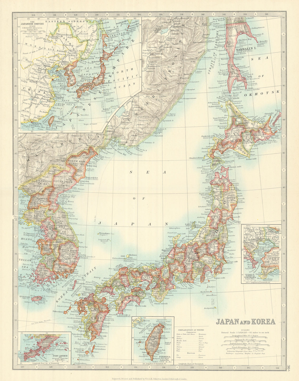 JAPAN & KOREA including southern Sakhalin Island. Taiwan. JOHNSTON 1913 map