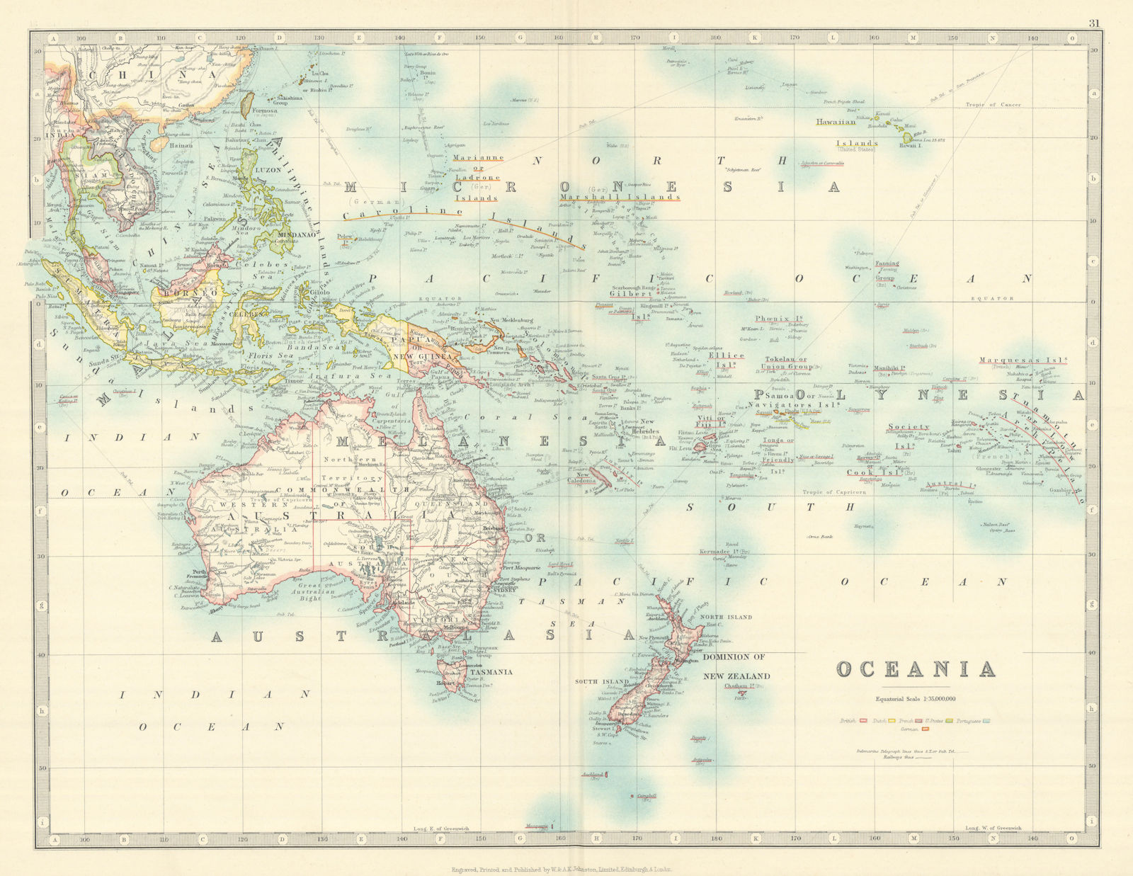 OCEANIA Australia New Zealand East Indies Polynesia Micronesia JOHNSTON 1913 map