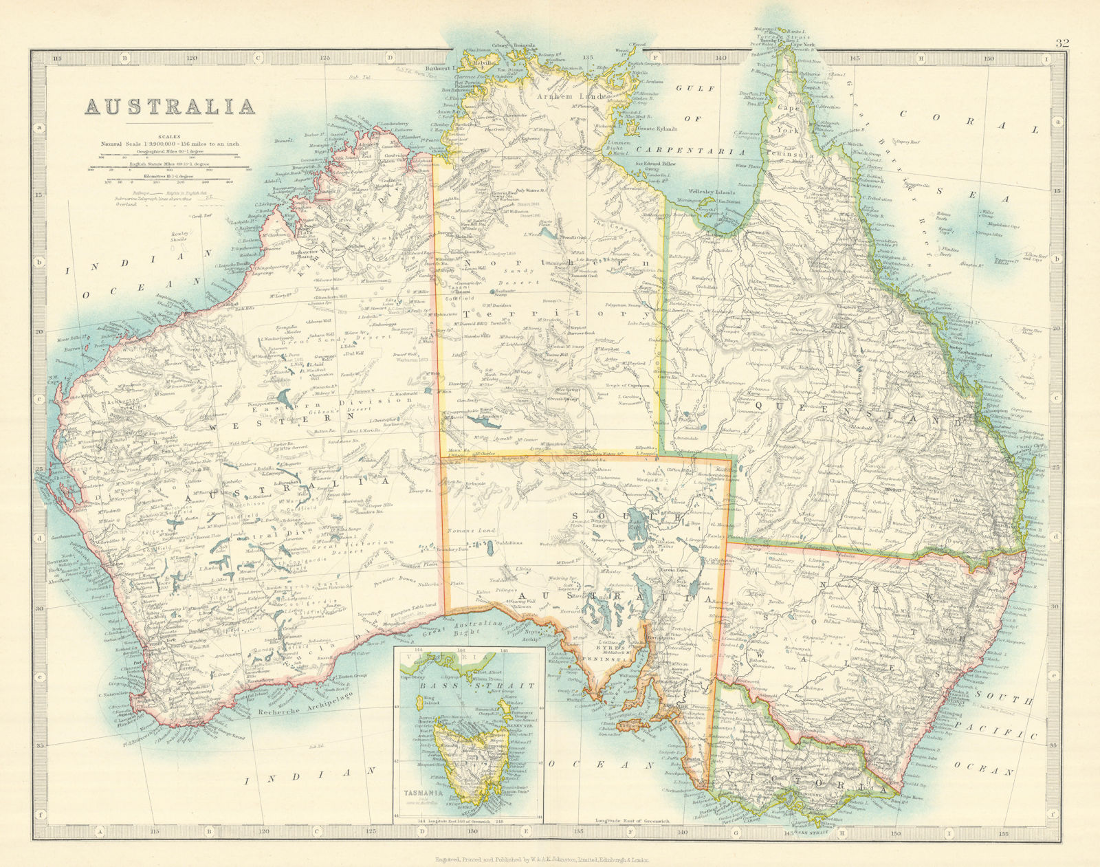 AUSTRALIA showing explorers' routes & goldfields. JOHNSTON 1913 map