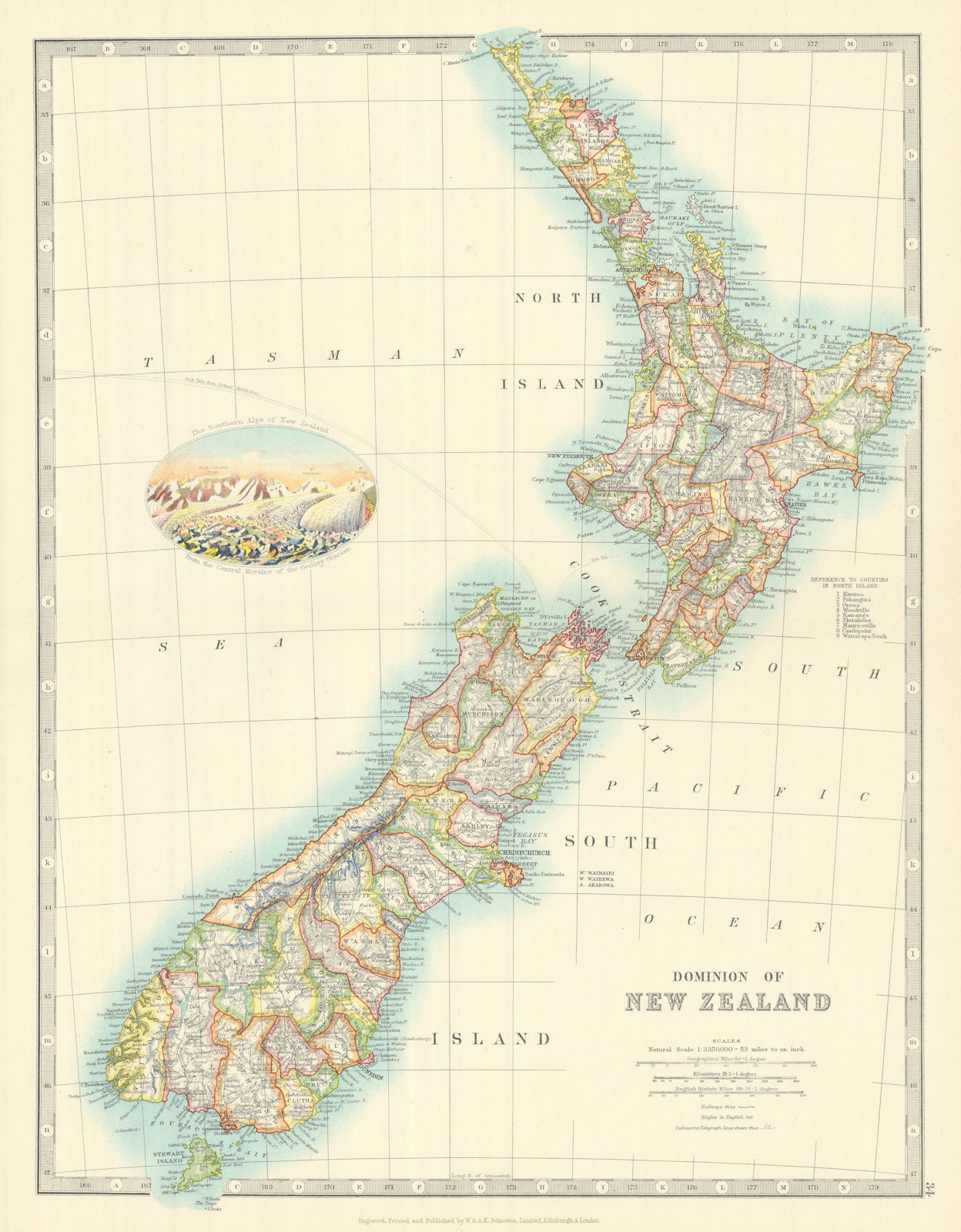 DOMINION OF NEW ZEALAND in counties. Godley Glacier vignette. JOHNSTON 1913 map