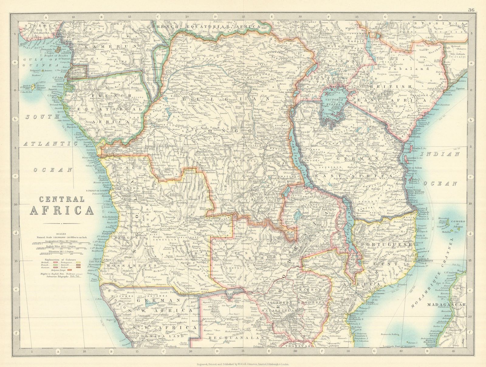 COLONIAL CENTRAL AFRICA. Kenya Tanzania Belgian Congo Angola. JOHNSTON 1913 map