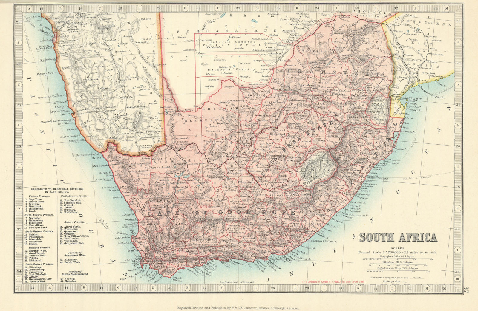 SOUTH AFRICA. Cape of Good Hope. Orange Free State Transavaal. JOHNSTON 1913 map