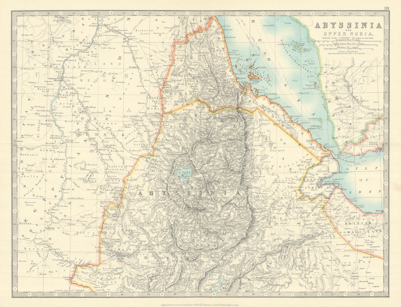 ABYSSINIA & UPPER NUBIA. Ethiopia Erirtrea French Somaliland. JOHNSTON 1913 map
