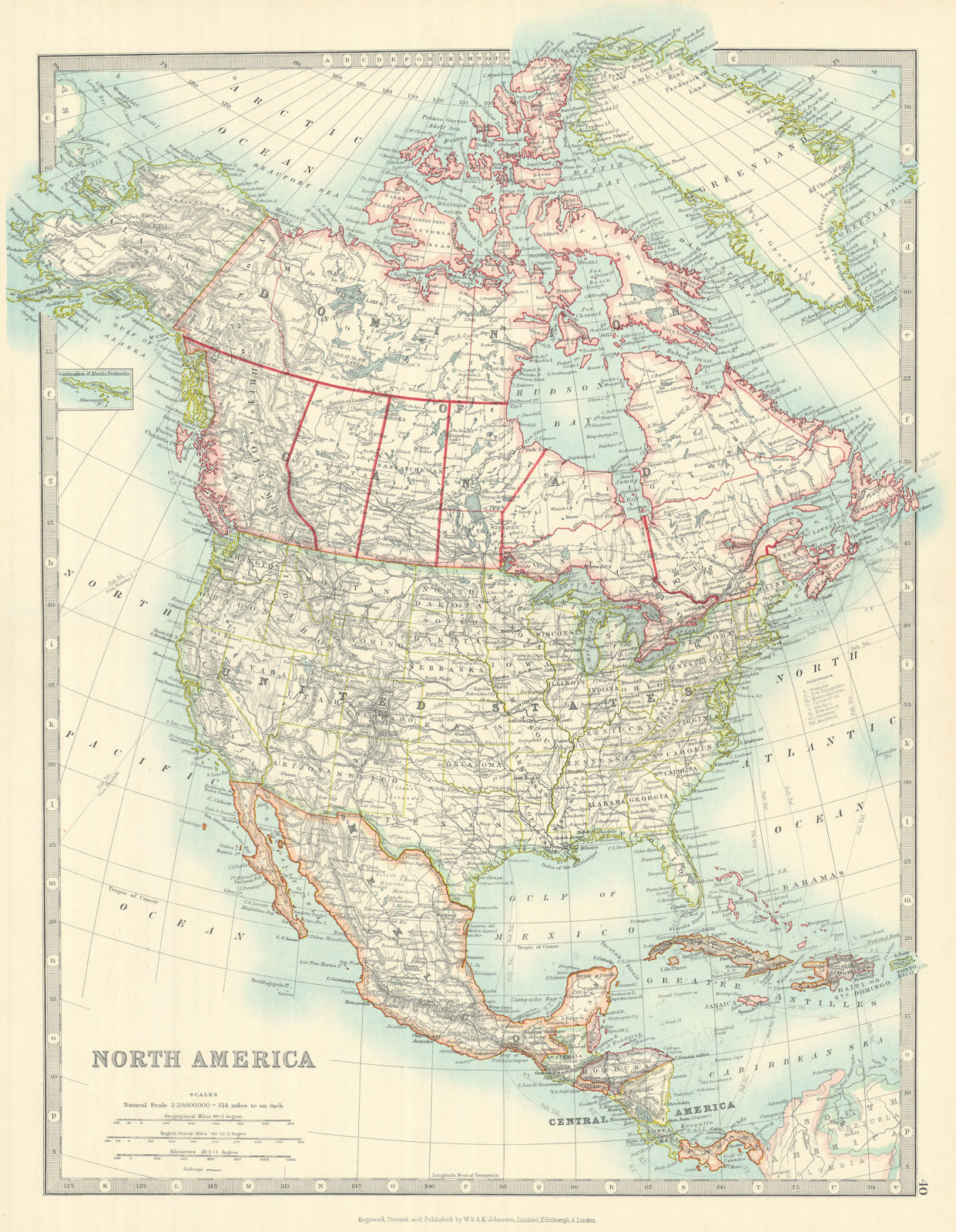 NORTH AMERICA. United States Canada Mexico. Railways. JOHNSTON 1913 old map