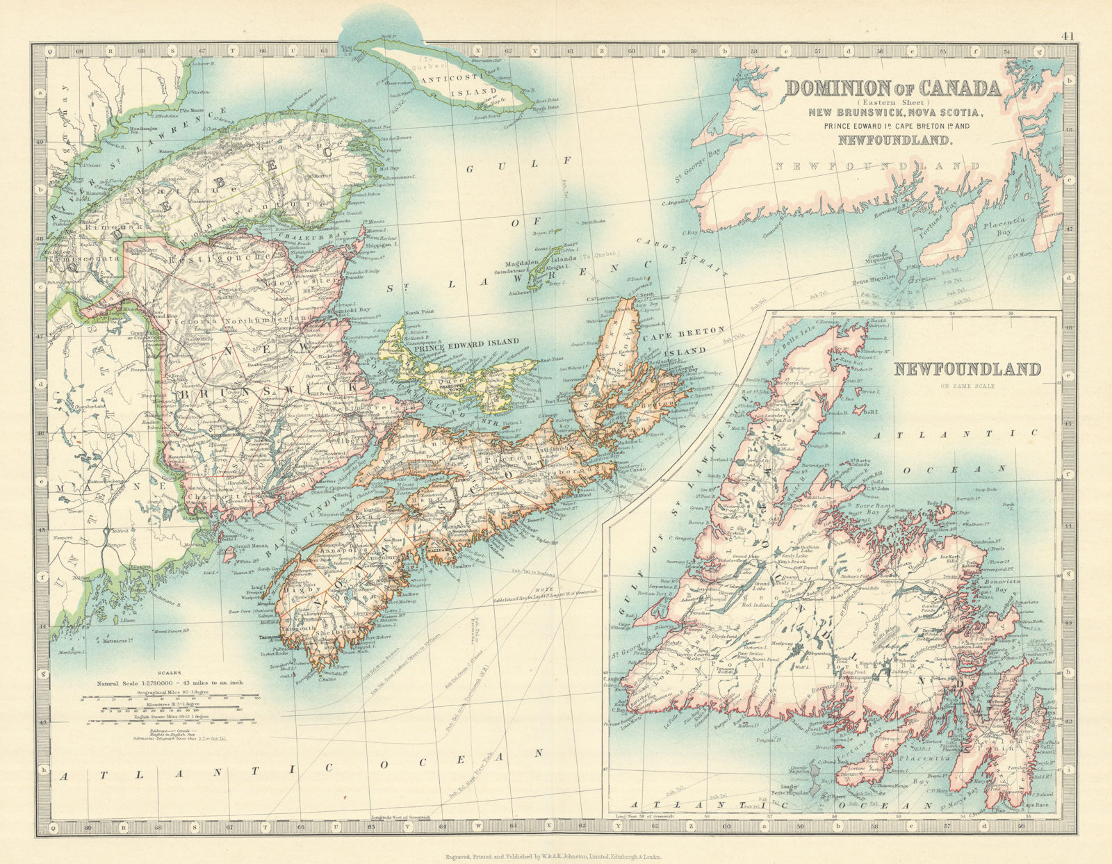 CANADA MARITIMES Newfoundland Nova Scotia Prince New Brunswick JOHNSTON 1913 map