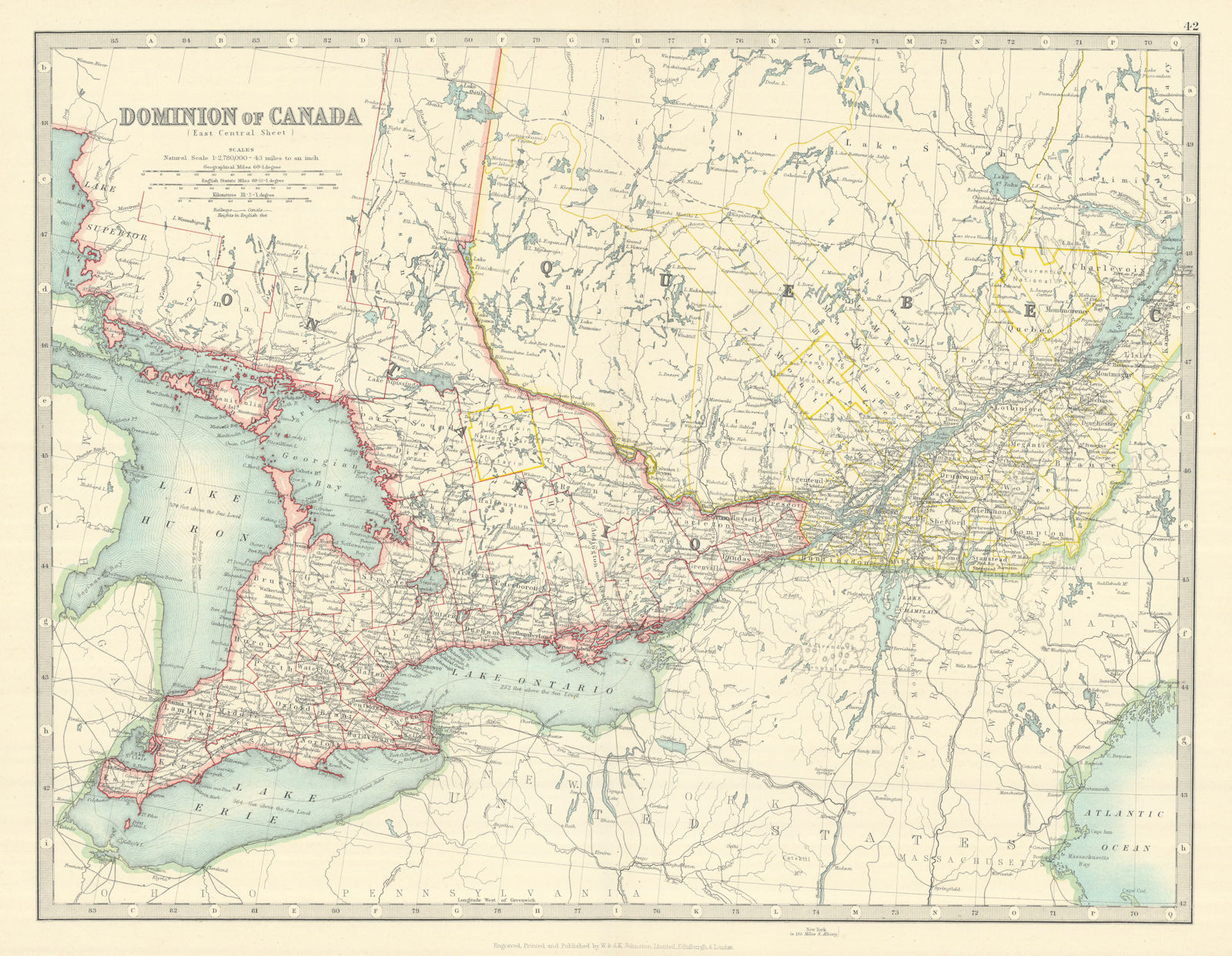 Associate Product QUEBEC & ONTARIO. Lake Huron Lake Erie Lake Ontario. Canada. JOHNSTON 1913 map