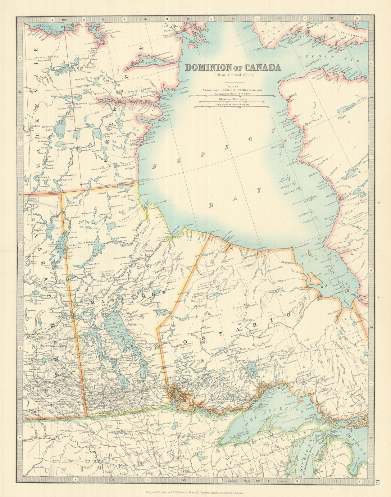 HUDSON BAY & CENTRAL CANADA. Manitoba. Northern Ontario. JOHNSTON 1913 old map
