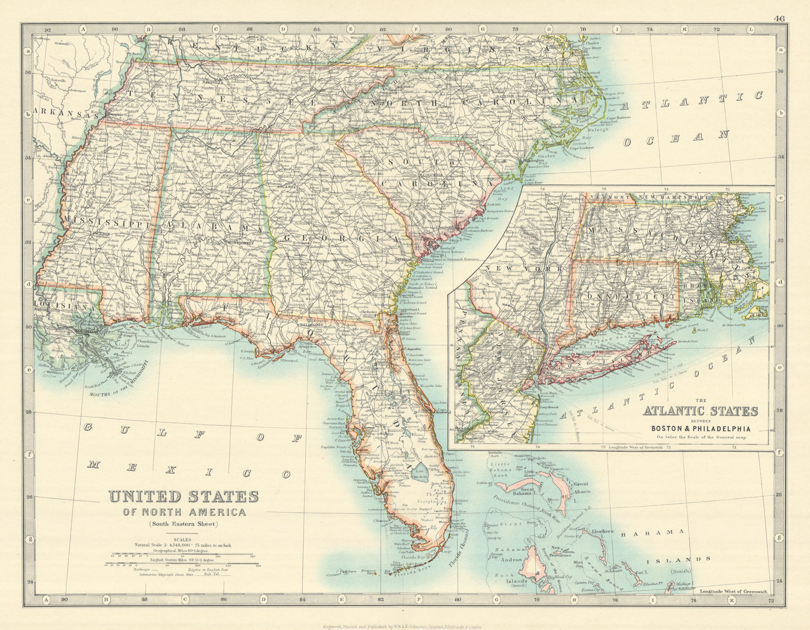 USA DEEP SOUTH. Florida Georgia Carolinas Alabama Tennessee. JOHNSTON 1913 map