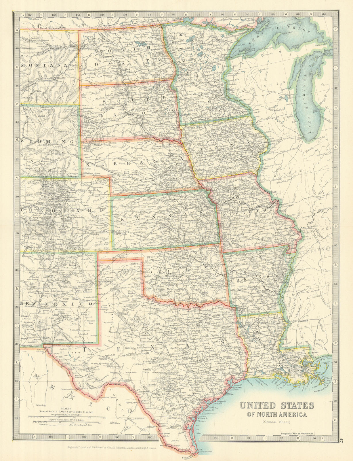 MISSISSIPPI VALLEY. Central United States Texas USA Railways. JOHNSTON 1913 map
