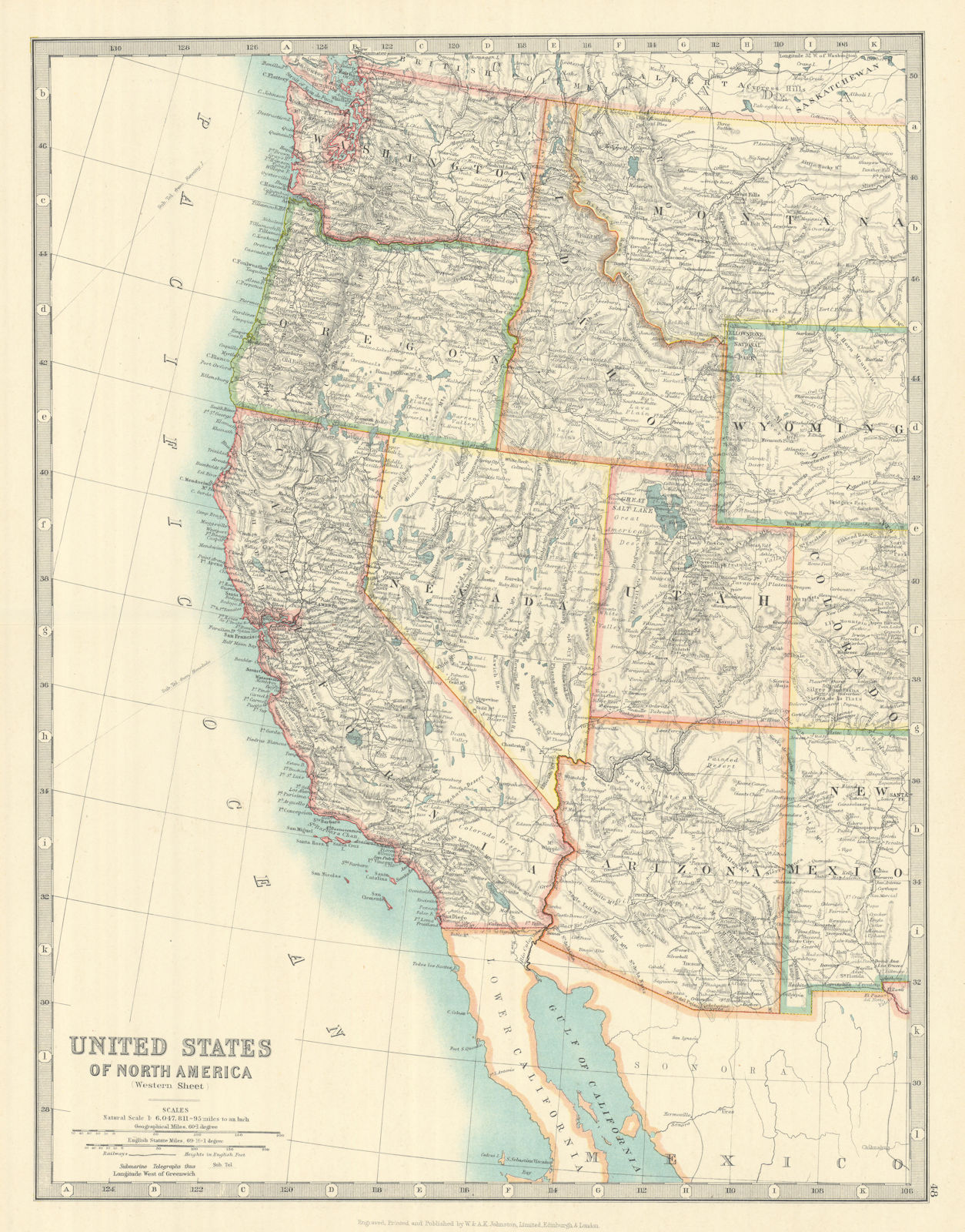 UNITED STATES of AMERICA WESTERN SHEET. USA. Pacific States. JOHNSTON 1913 map
