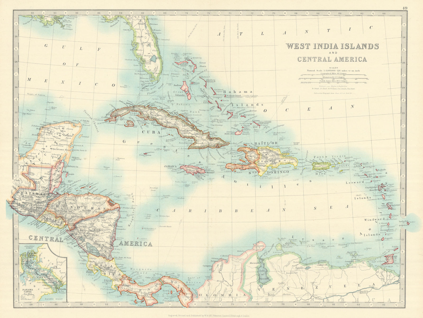WEST INDIES/CARIBBEAN. Panama canal. Danish Virgin Islands. JOHNSTON 1913 map