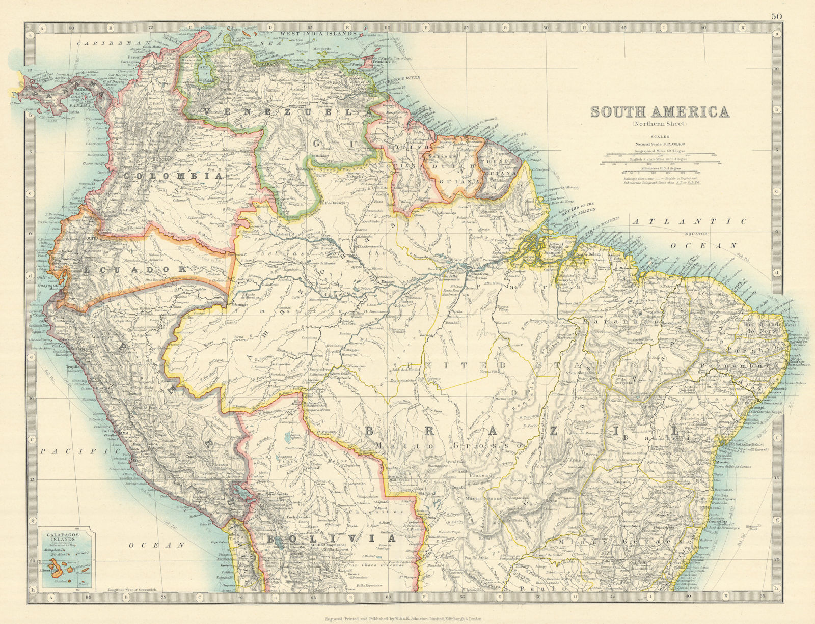 SOUTH AMERICA NORTH. Peru/Ecuador borders as pre 1941 war. JOHNSTON 1913 map