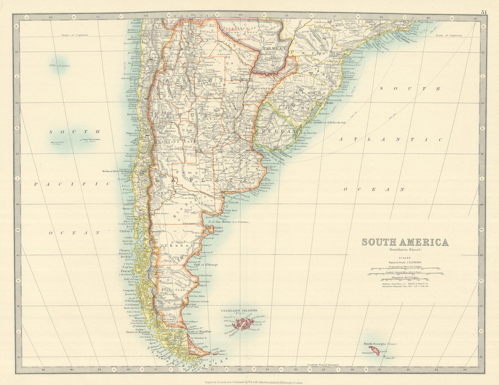 SOUTH AMERICA SOUTH SHEET. Shows Bolivia claim on Gran Chaco. JOHNSTON 1913 map