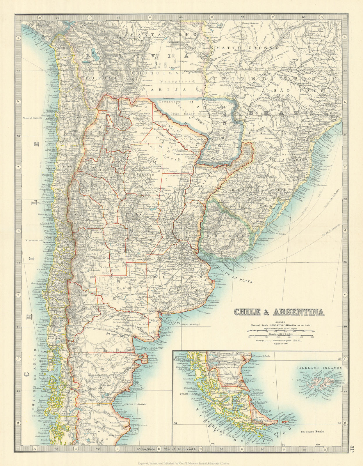 Associate Product CHILE & ARGENTINA. Paraguay including Gran Chaco. Uruguay. JOHNSTON 1913 map