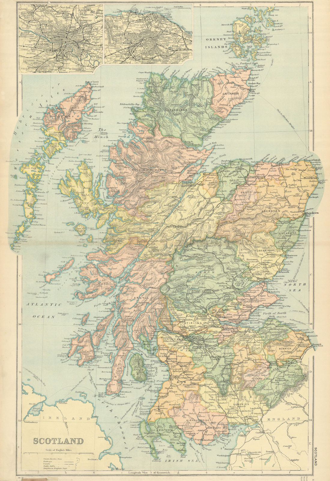 SCOTLAND in counties. Inset Edinburgh. Antique map by GW BACON 1898 old