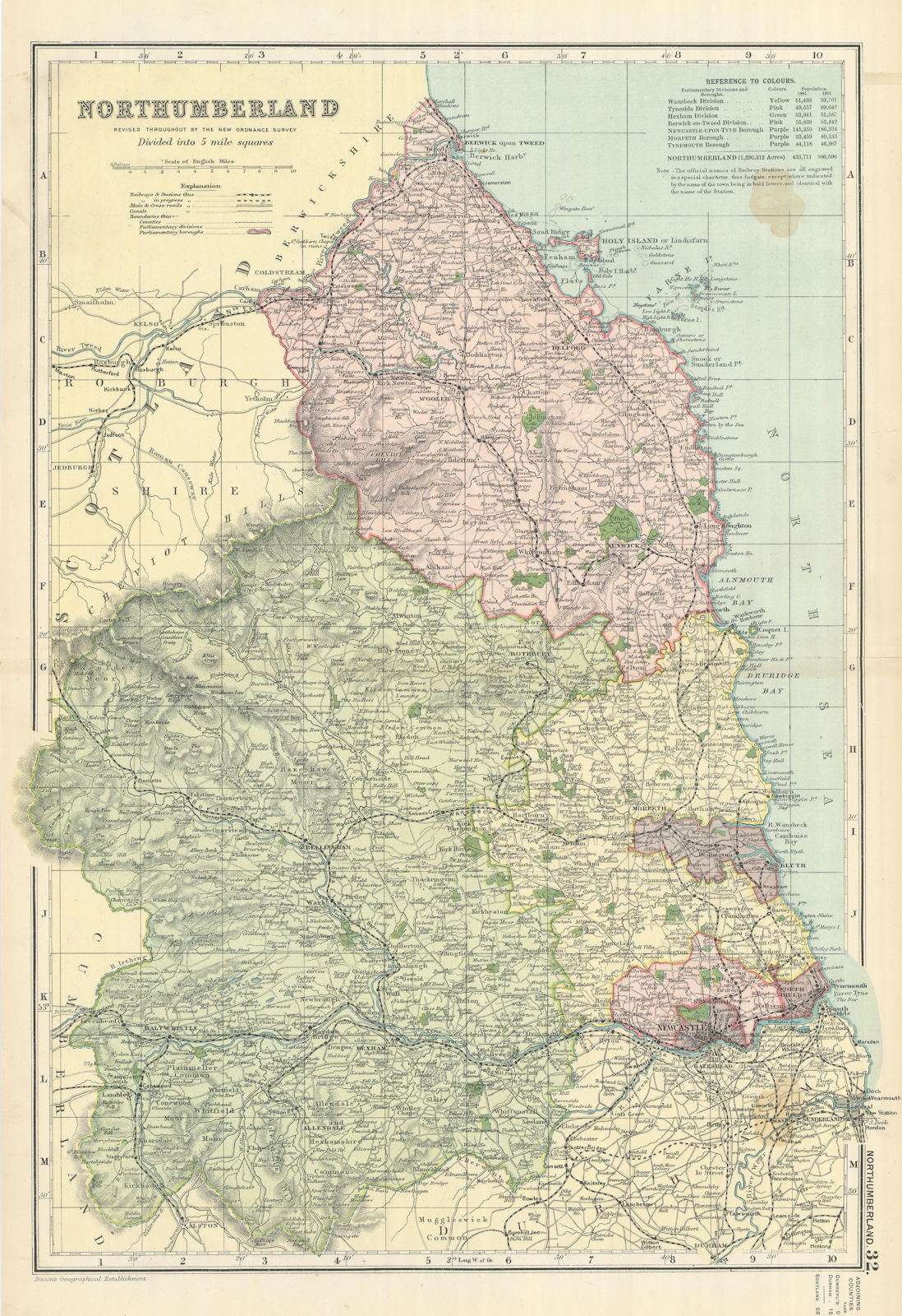 NORTHUMBERLAND antique county map by GW BACON 1898 old plan chart