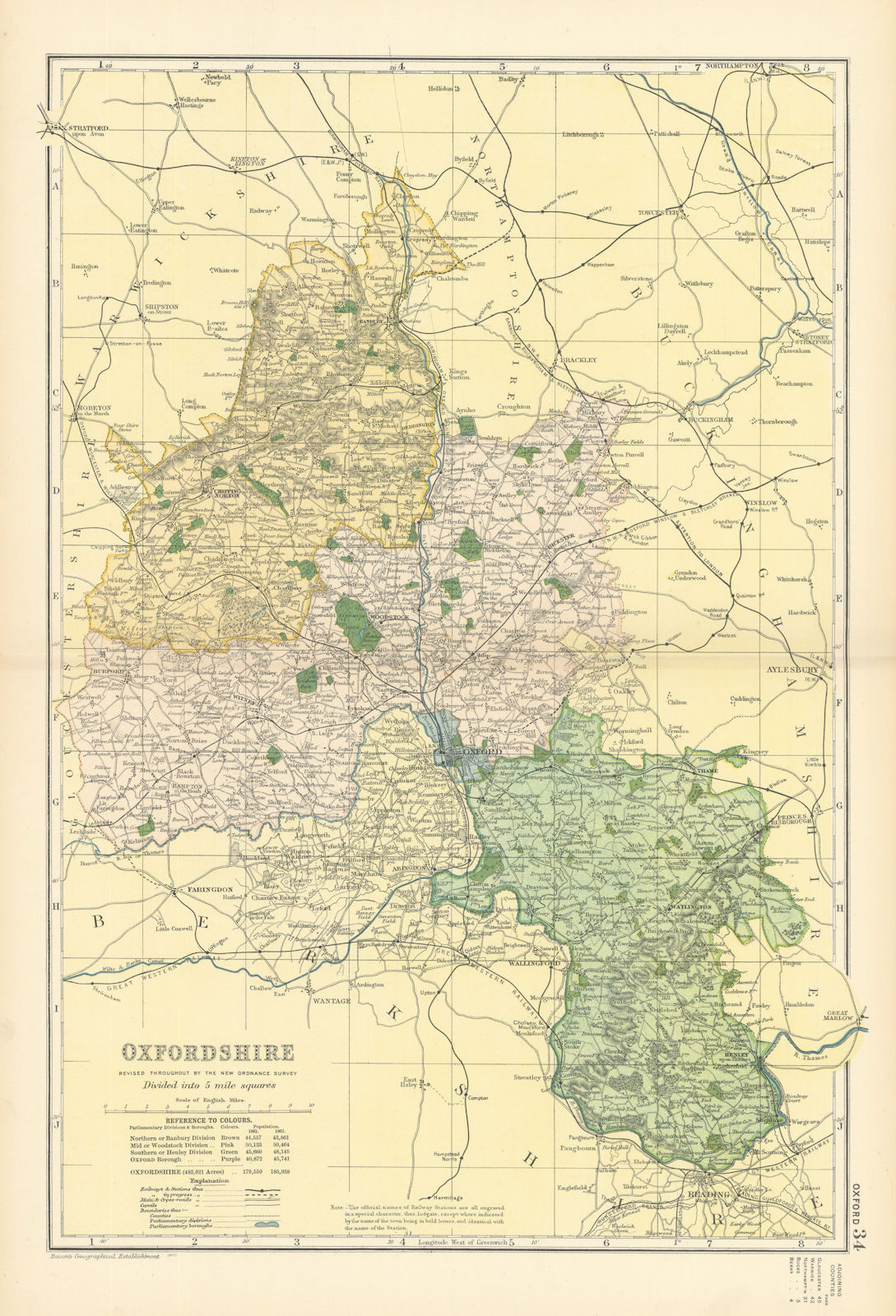 OXFORDSHIRE antique county map by GW BACON 1898 old plan chart