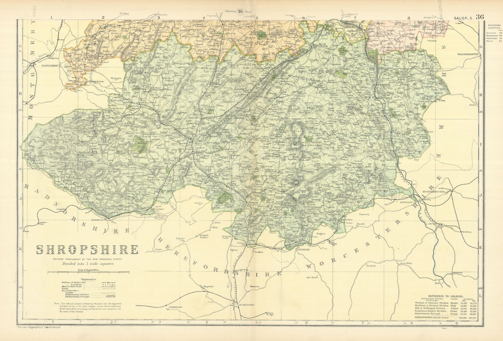 SHROPSHIRE (South) antique county map by GW BACON 1898 old chart