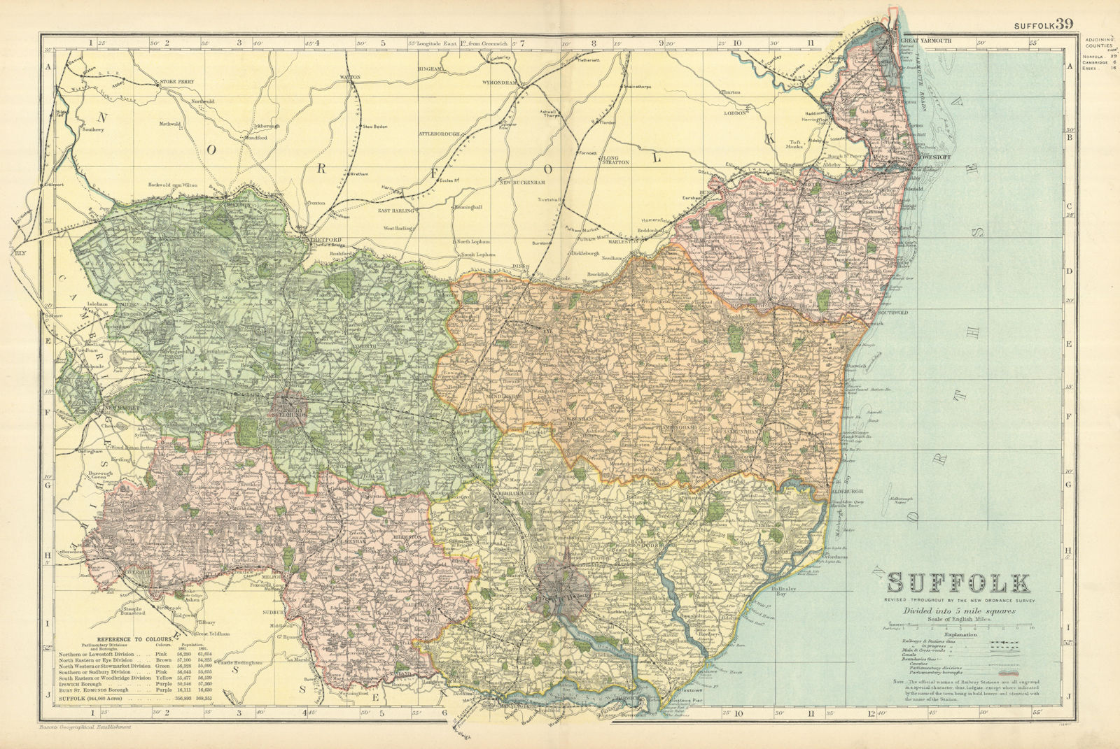 Associate Product SUFFOLK antique county map by GW BACON 1898 old vintage plan chart