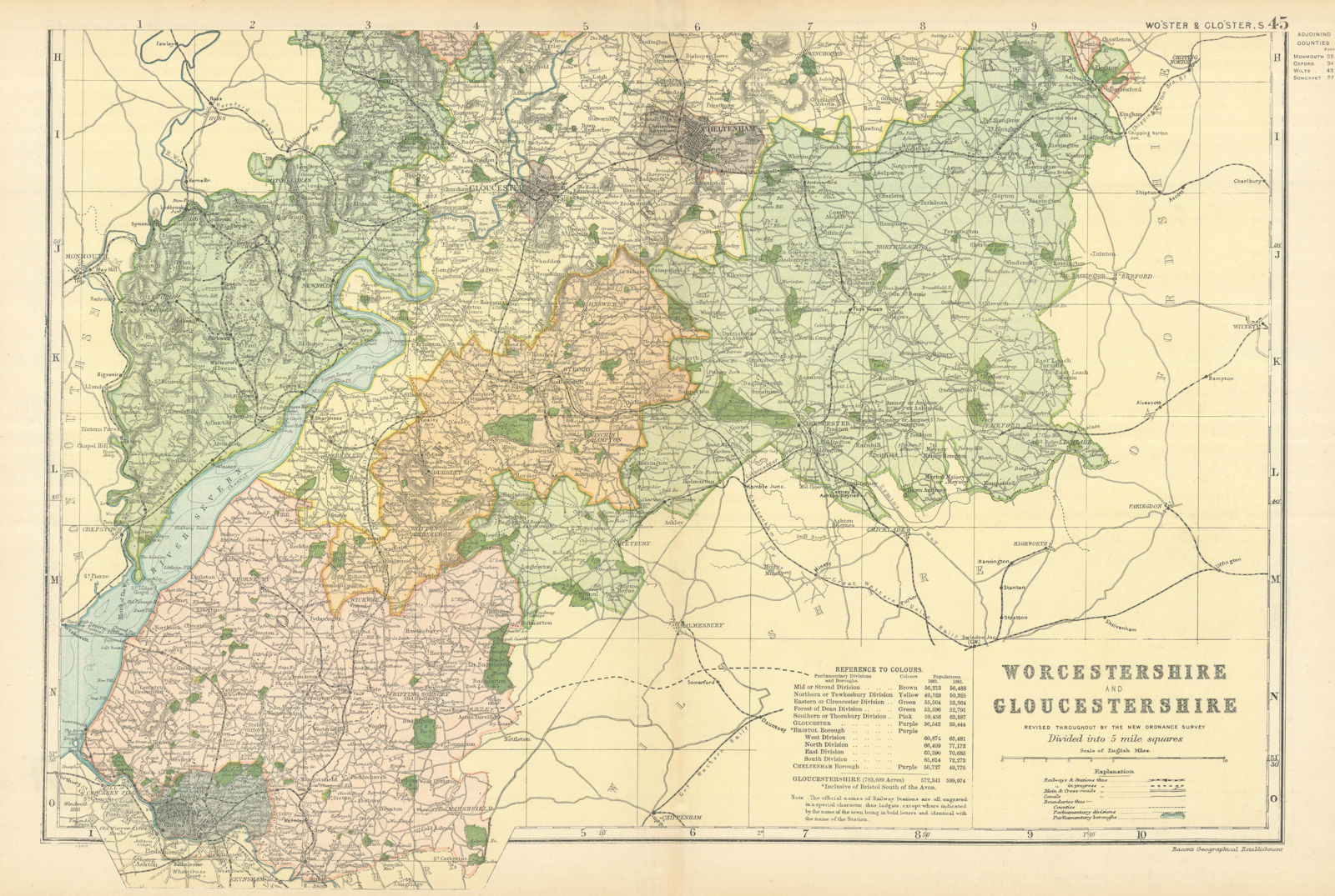 Associate Product WORCESTERSHIRE & GLOUCESTERSHIRE (South) antique county map by GW BACON 1898